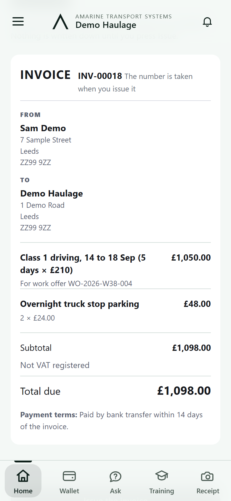 A driver's invoice to the company, in the driver app