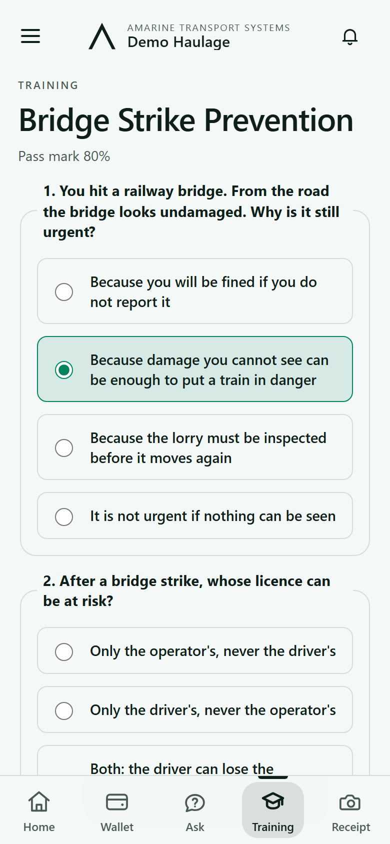 A training question in the driver app, with the first answer chosen