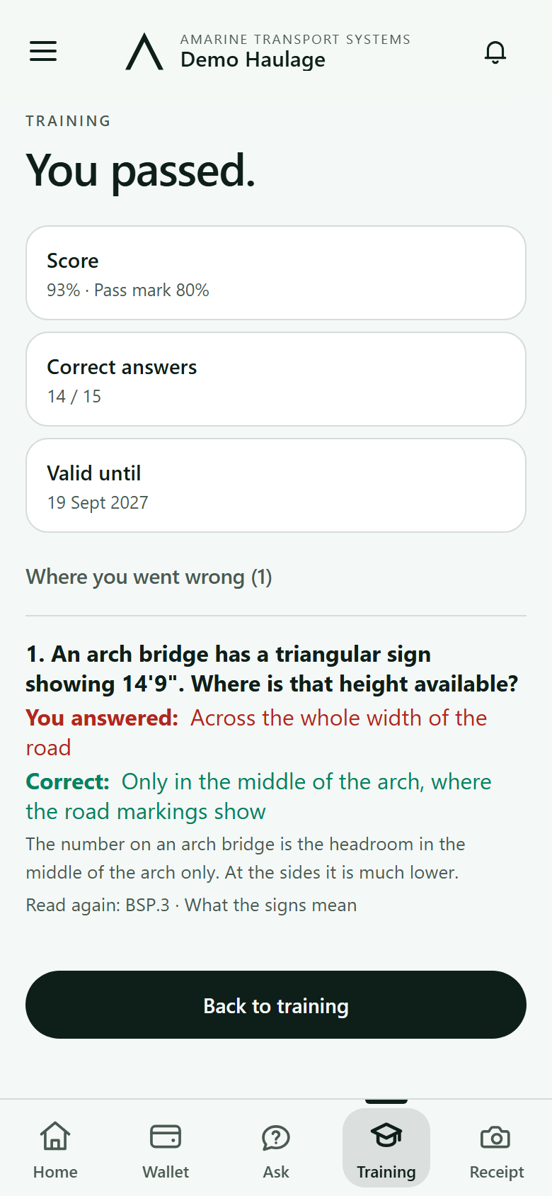 A driver's training result, with the one question they got wrong explained