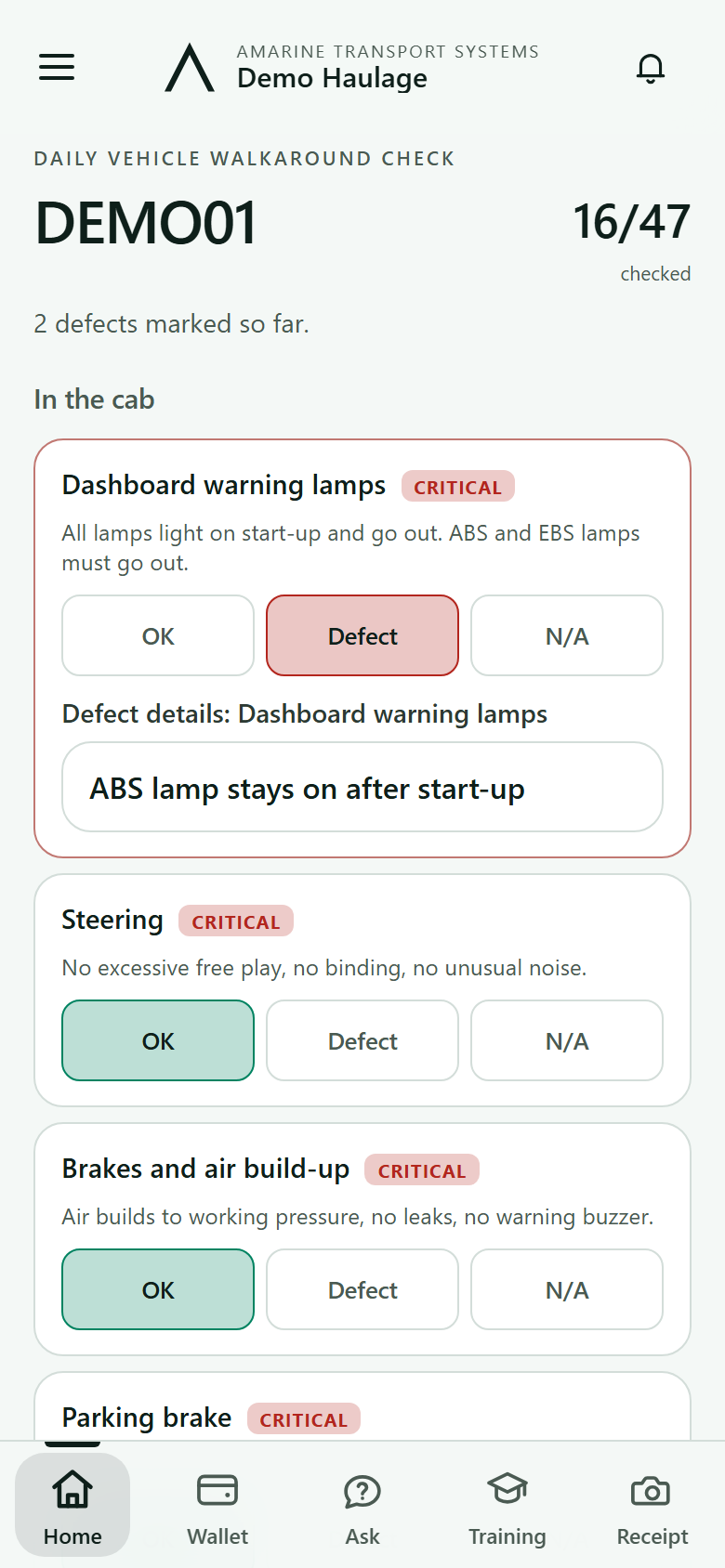 The walkaround check with the dashboard warning lamps marked as a defect