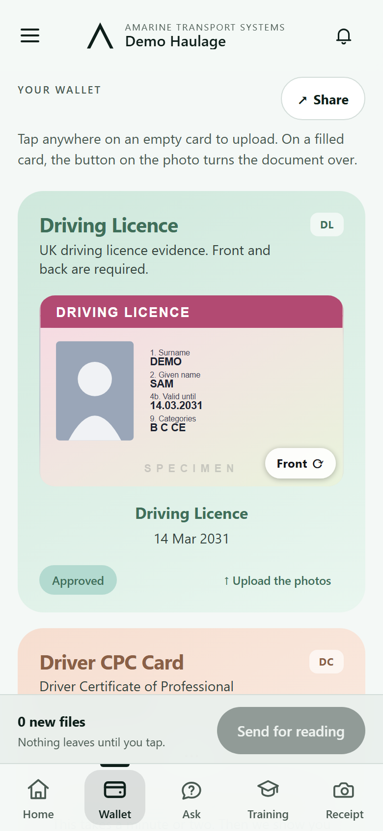 The driver's document wallet with the driving licence approved