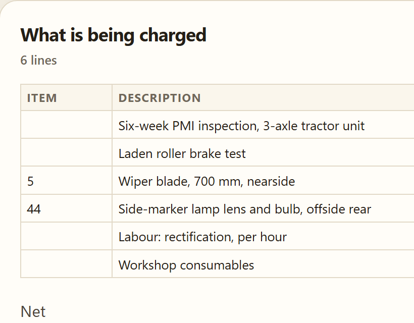 The garage's invoice to the operator