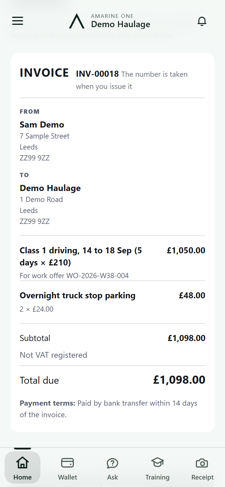 A driver's invoice: what it is for, the lines and the total, and how to pay