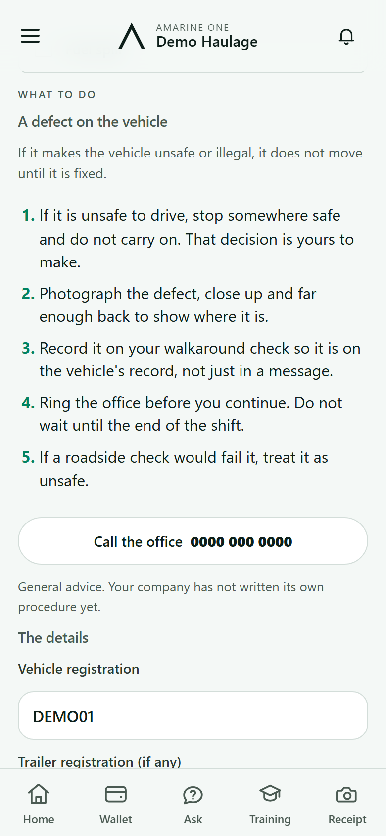 What to do: the company's steps for a defect on the vehicle, and Call the office