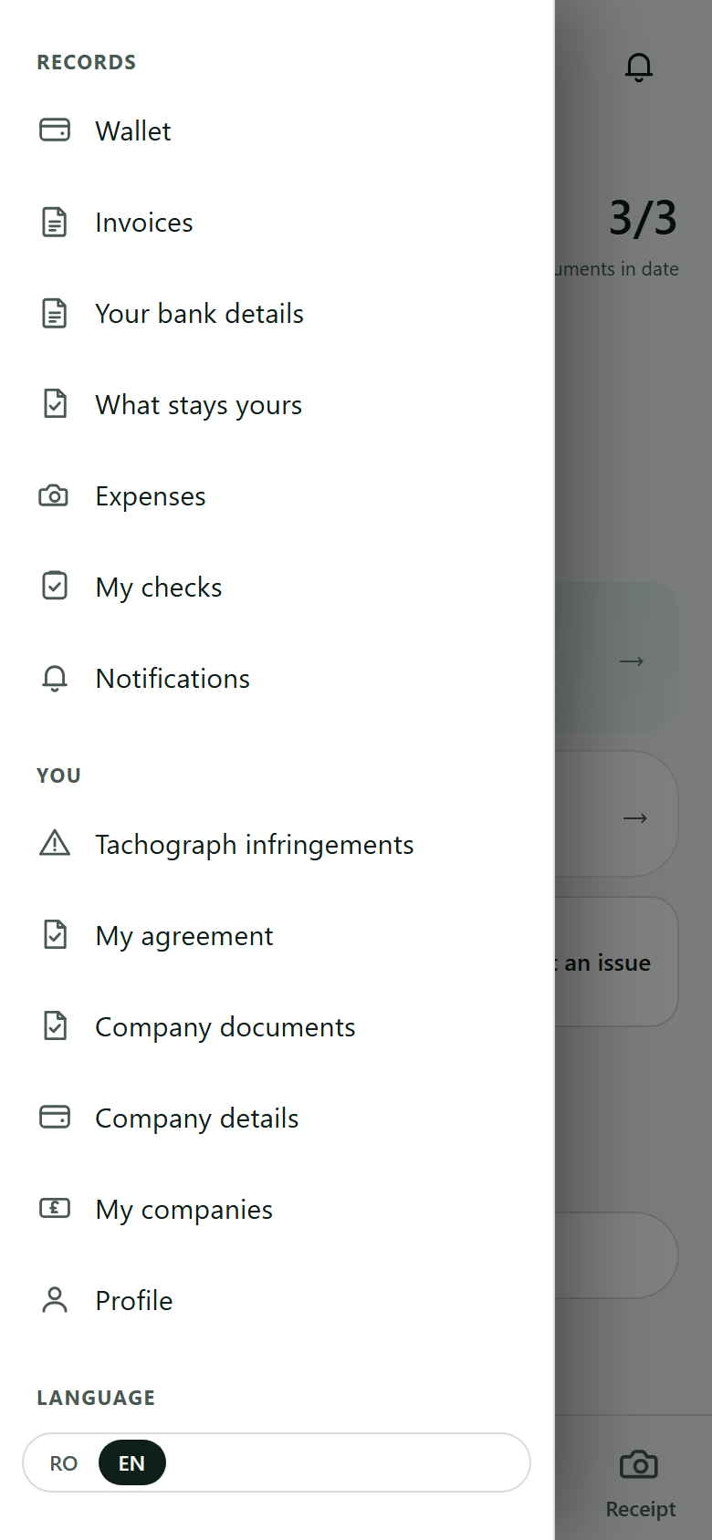 The bottom of the menu: the You section and the language, RO or EN