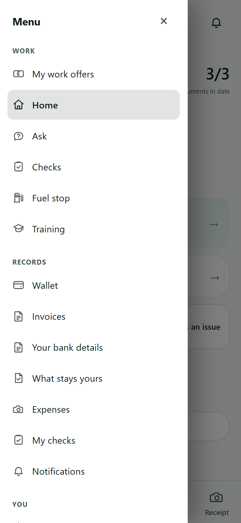 The driver app's menu: Work, Records and You, and the language
