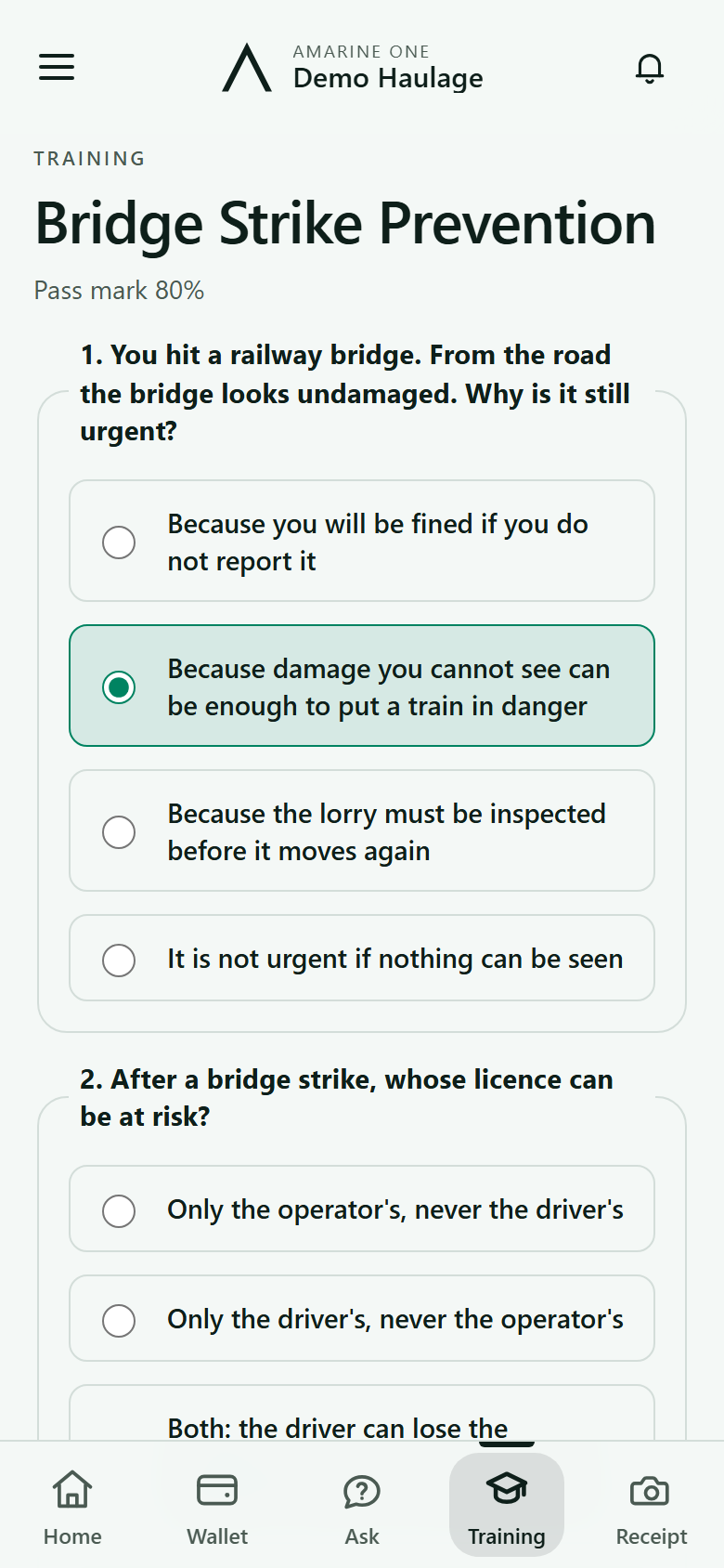 A training quiz: the questions, the pass mark and Submit answers
