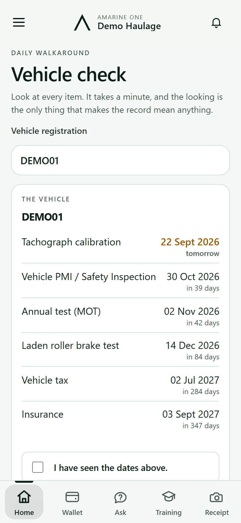Starting the walkaround: the registration, the vehicle's dates and the tick to say you have seen them