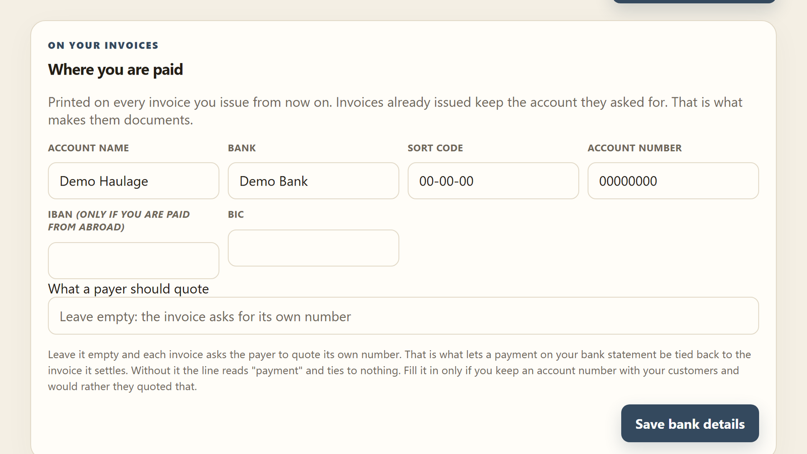 Where you are paid: the account name, bank, sort code and account number, and Save bank details