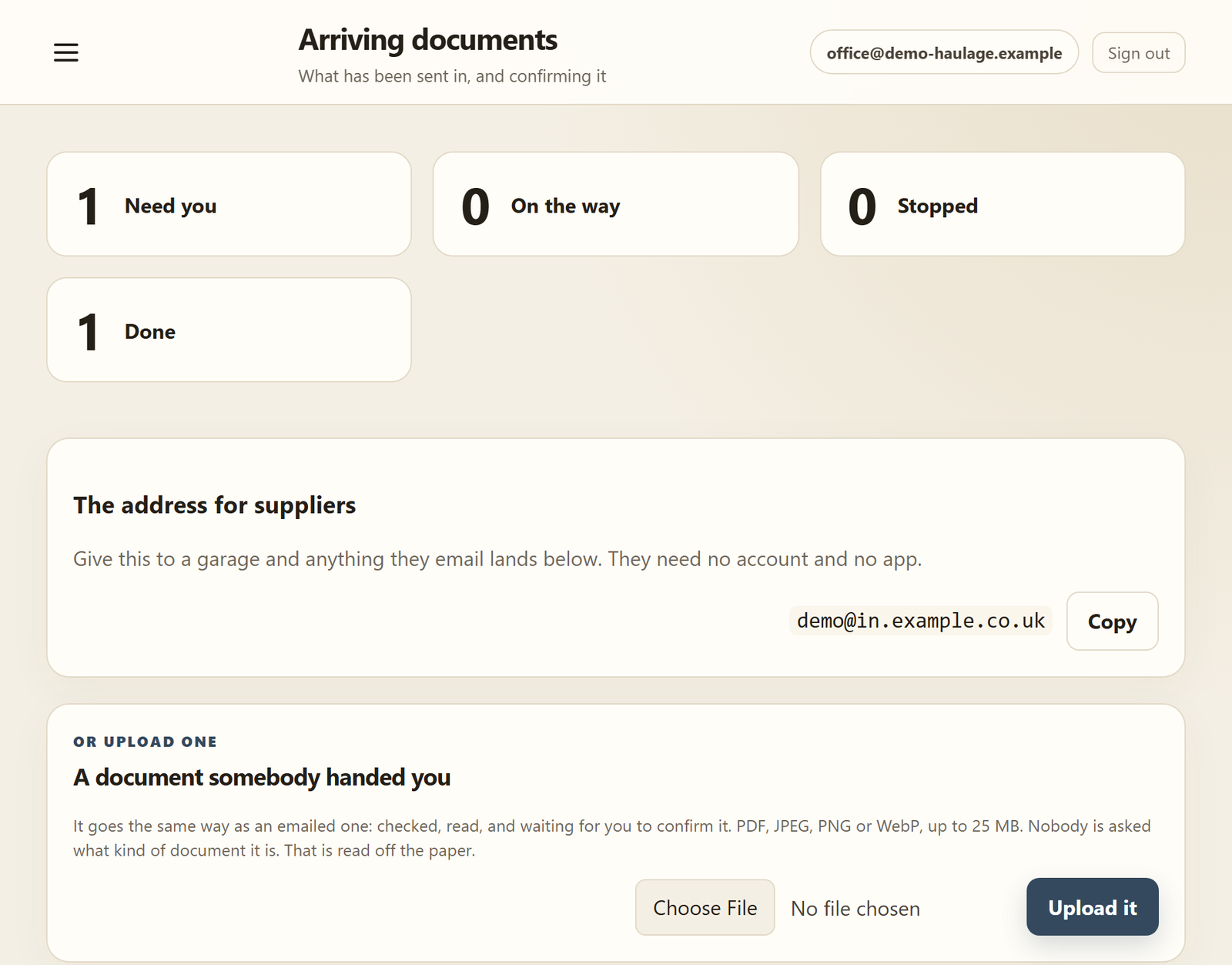 Arriving documents: what needs you, the address for suppliers with Copy, and Upload it for a document handed to you