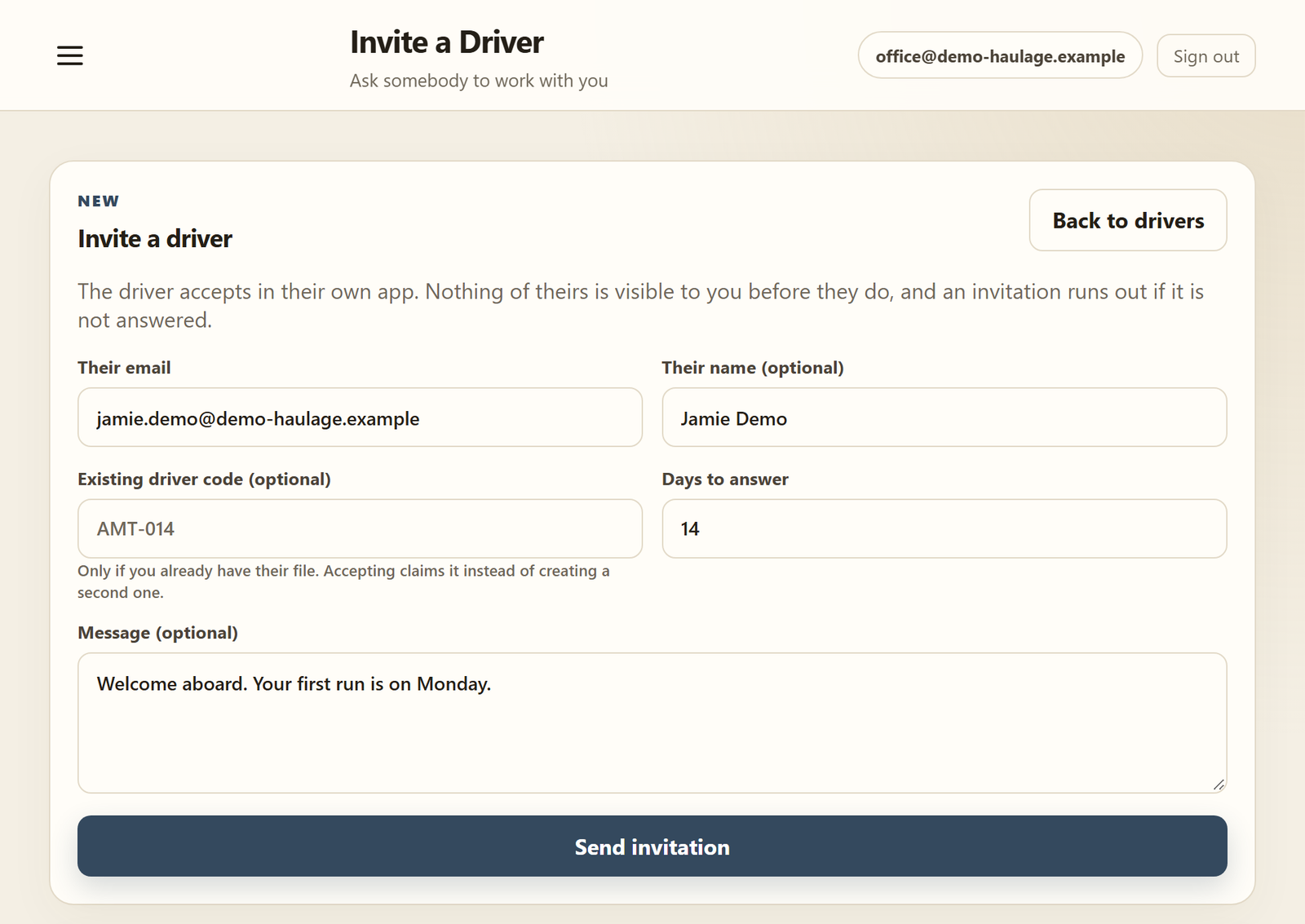 Invite a driver: their email, name, an existing driver code, days to answer, a message and Send invitation