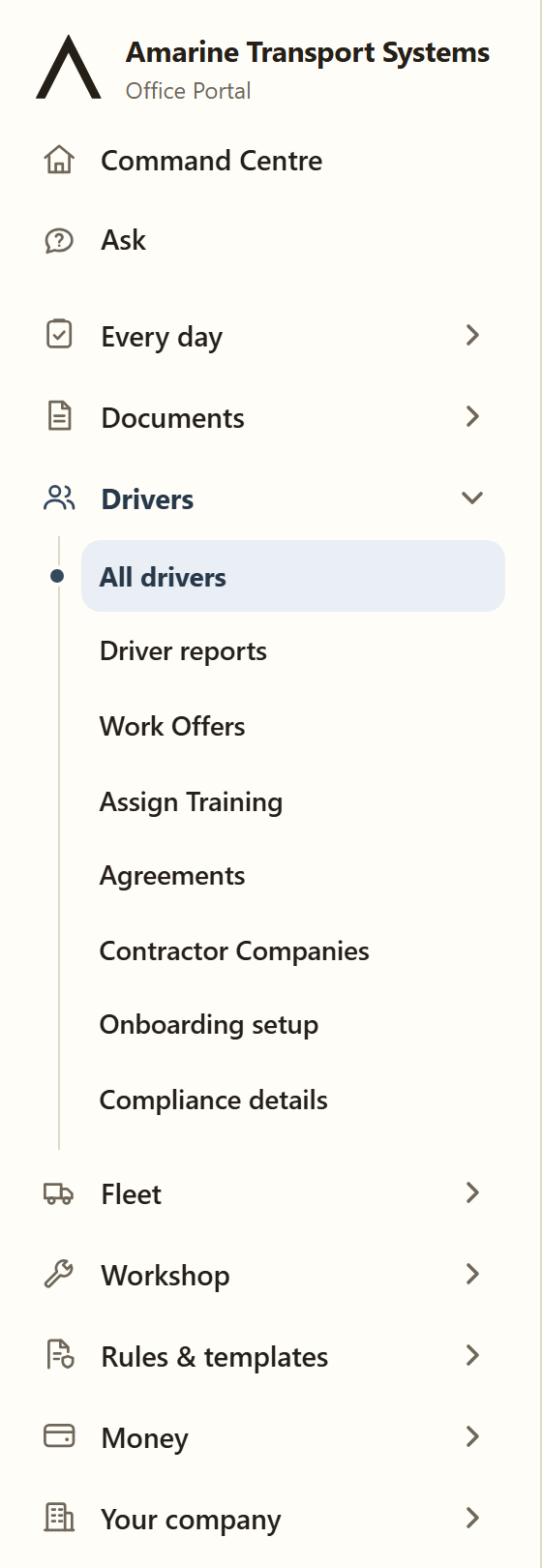 The office menu with its groups: Every day, Documents, Drivers, Fleet, Workshop, Rules and templates, Money, Your company