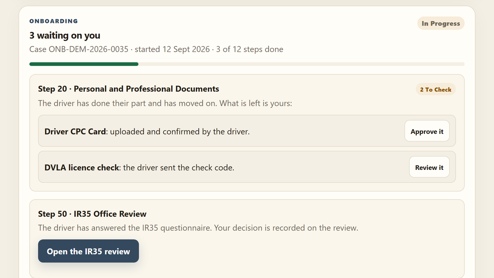 The onboarding panel: the steps done, those with the driver and those waiting on the office