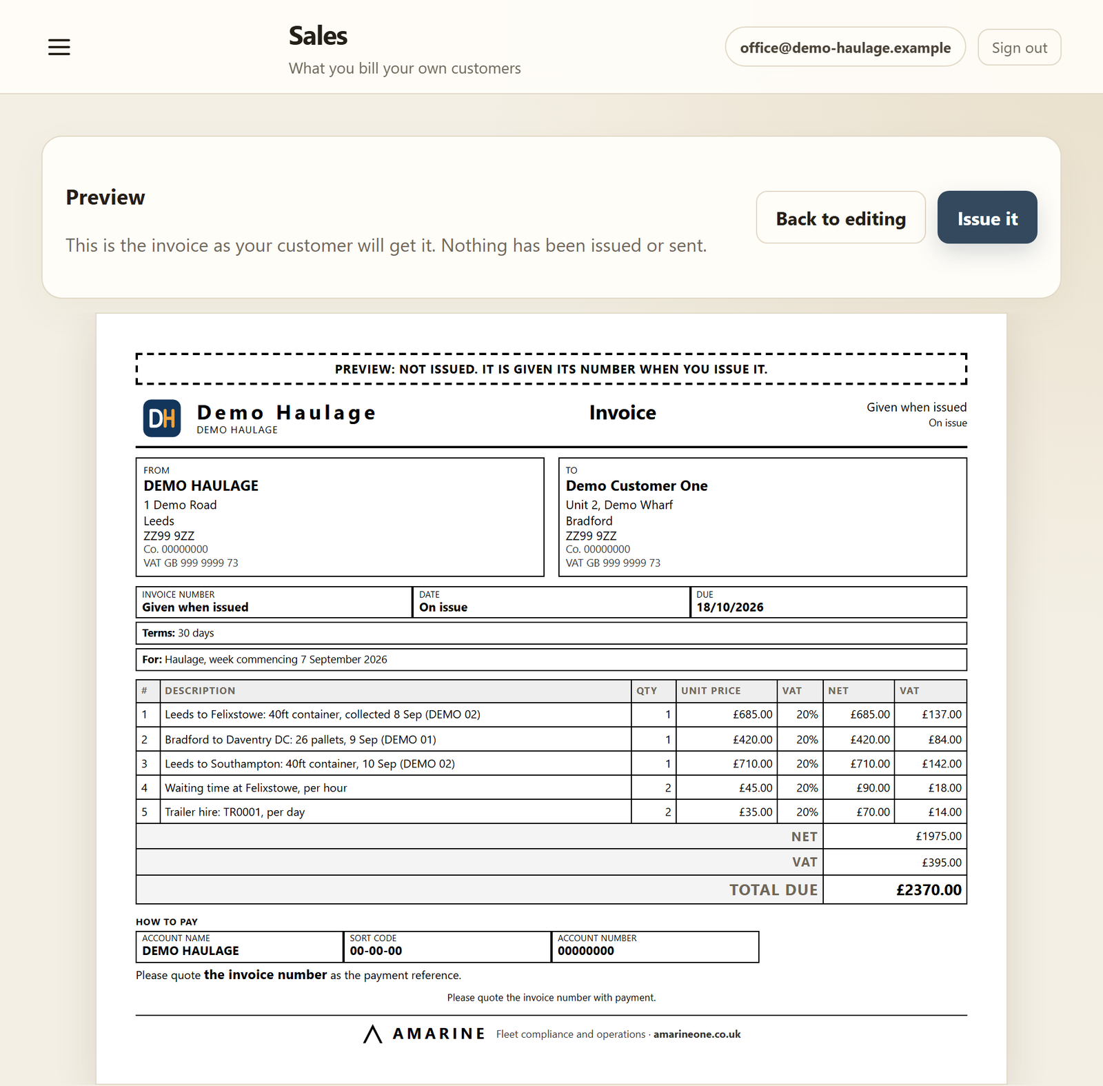 A sales invoice: the customer, the lines, VAT and the total, with how to pay