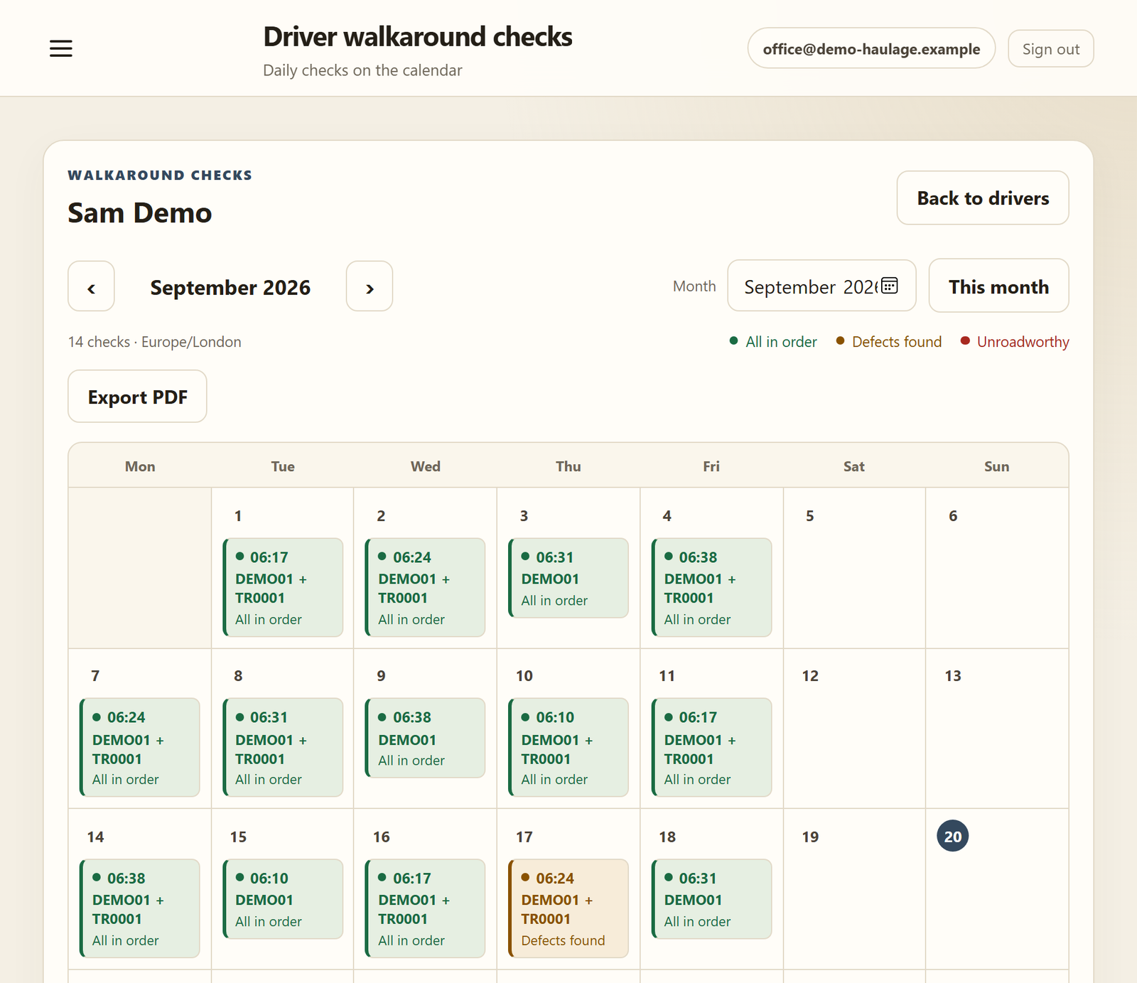 Walkaround checks: a driver's month, with a check that found a defect