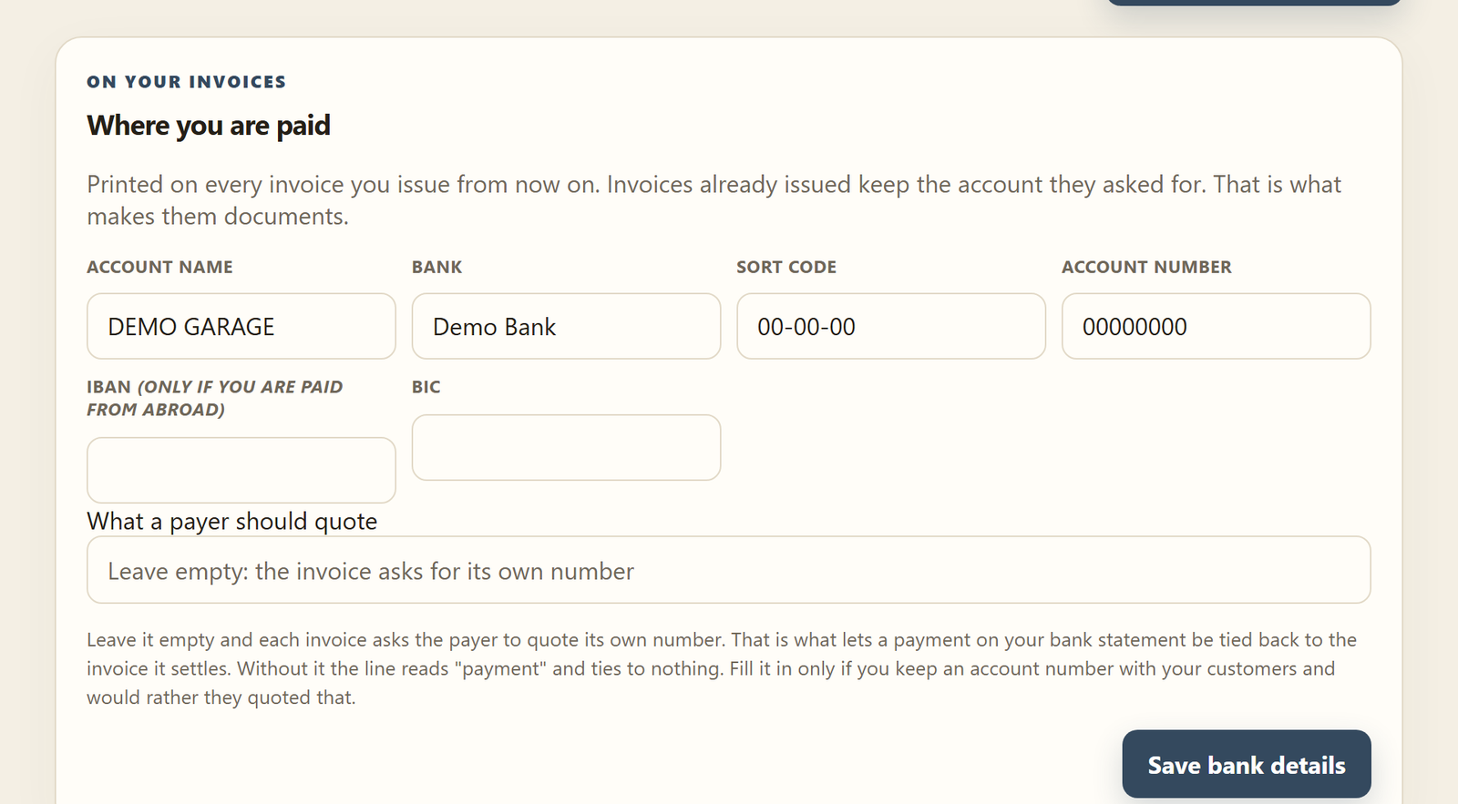 Where you are paid: the account name, bank, sort code, account number, what a payer should quote, and Save bank details