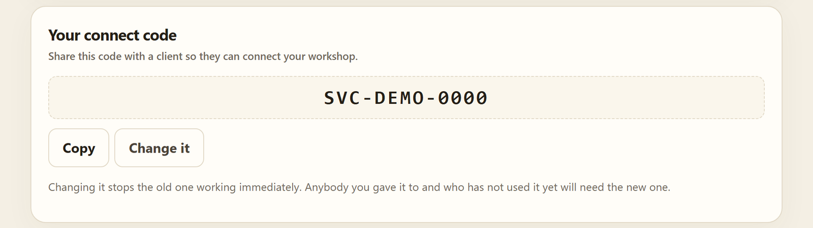 Your connect code: SVC-DEMO-0000 with Copy and Change it