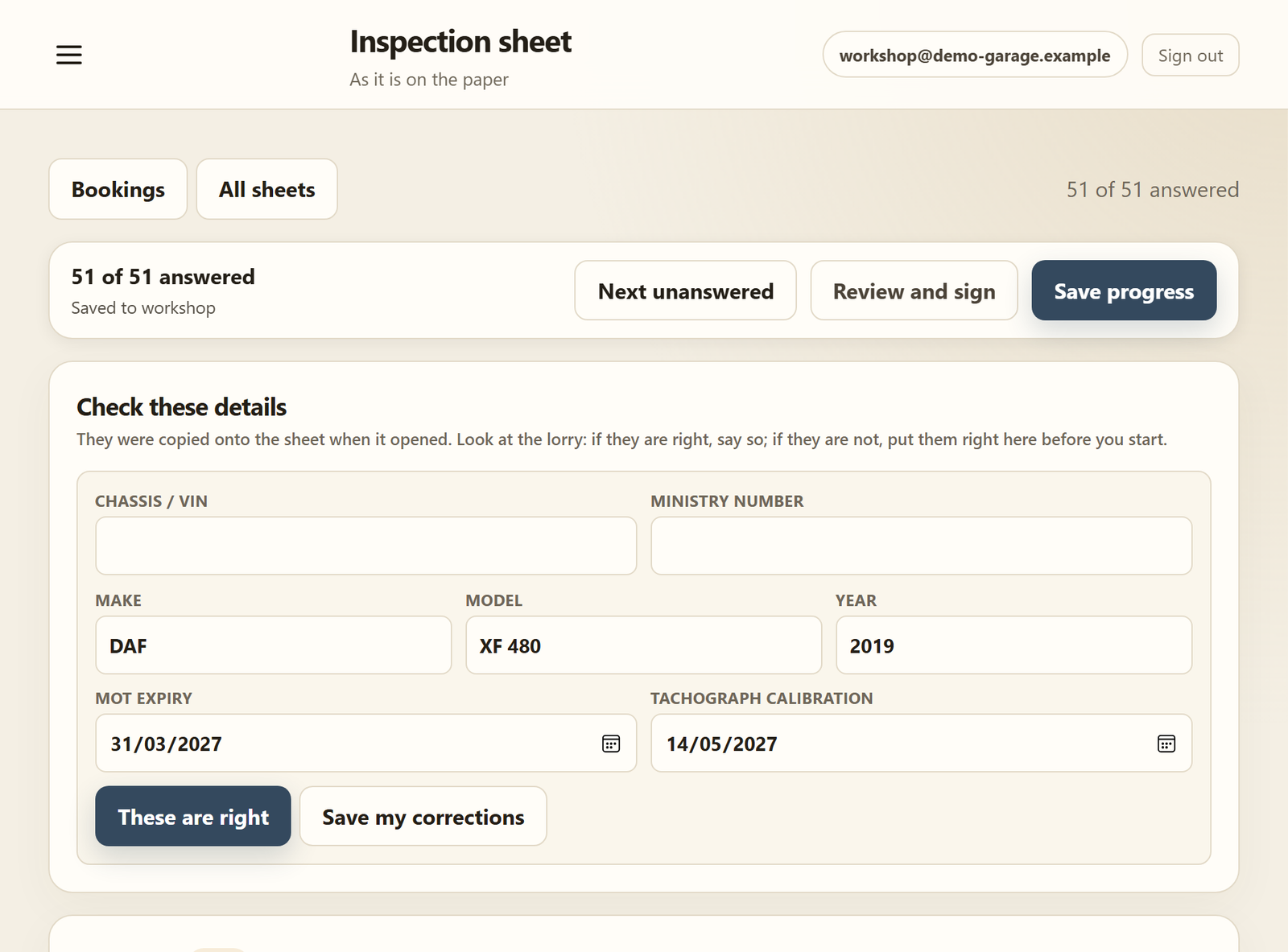The fault page: each fault with the notes or action taken, customer damage, time in hours and initials, and Add a line with no item