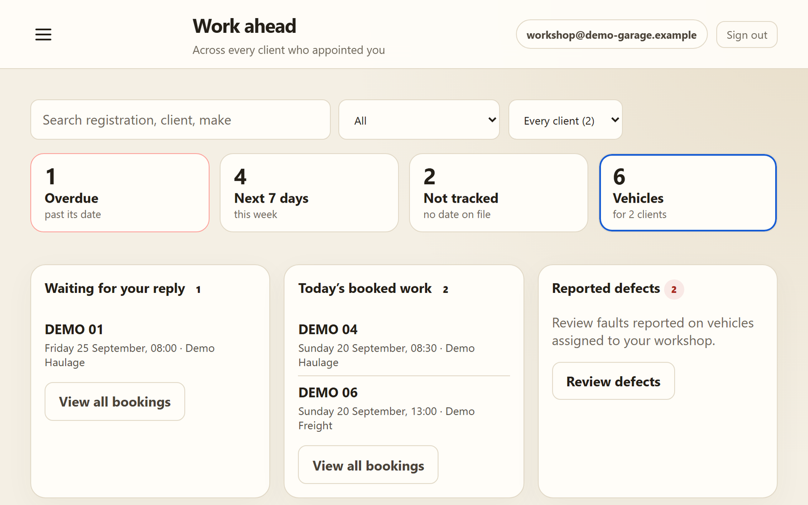 Work ahead: tiles for overdue and the next seven days, bookings waiting, defects, and the vehicles with their due dates