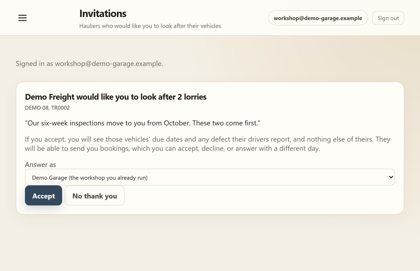 An operator's invitation to look after their lorries, with Accept and No thank you