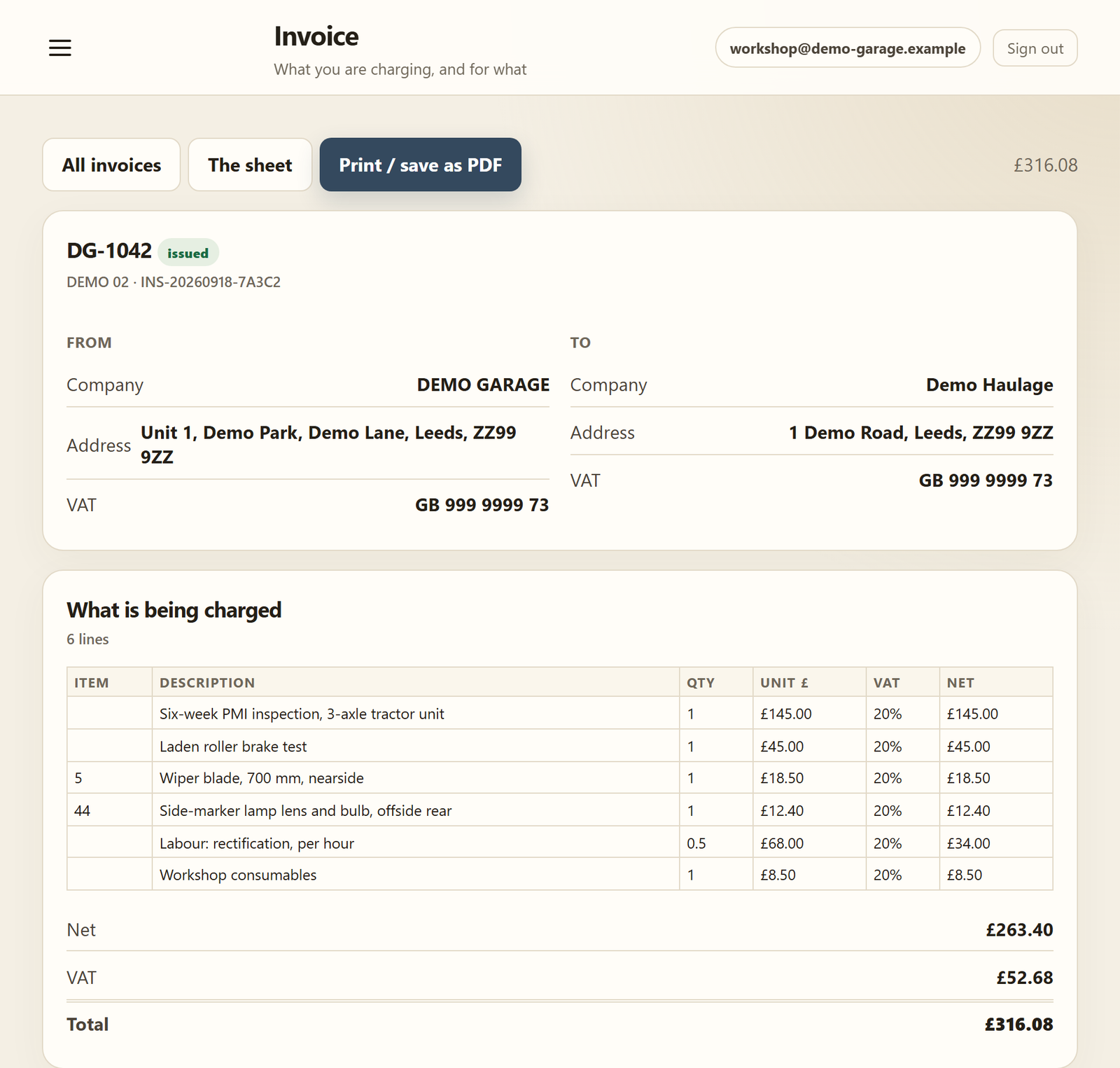 A workshop invoice draft: from and to, the lines with VAT, the totals and how to pay