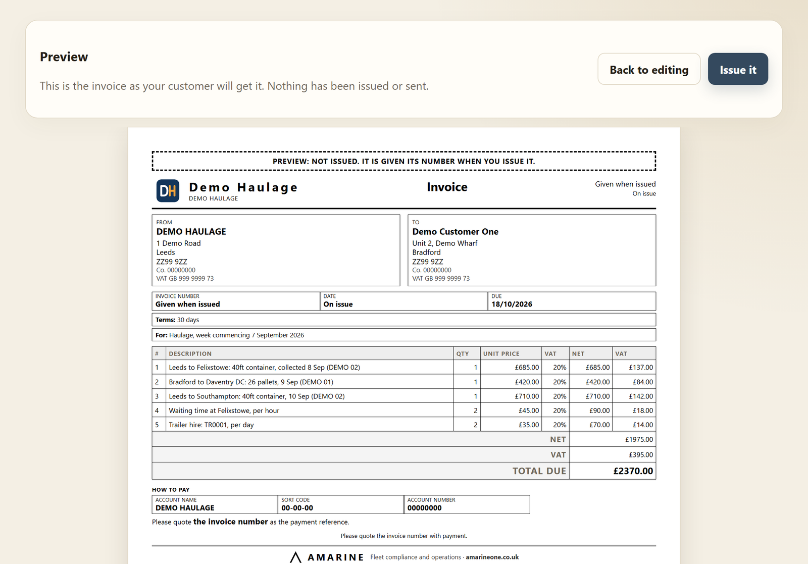 An invoice to a customer, previewed before it is issued