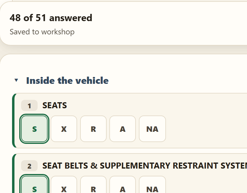 An inspection sheet being filled in by the workshop, item by item