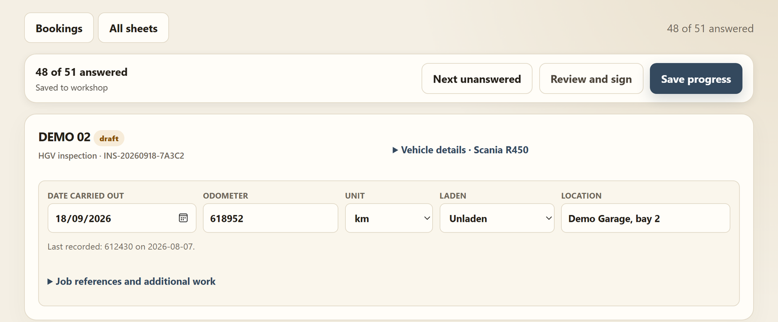 The top of an inspection sheet: vehicle, date carried out, odometer, laden and location