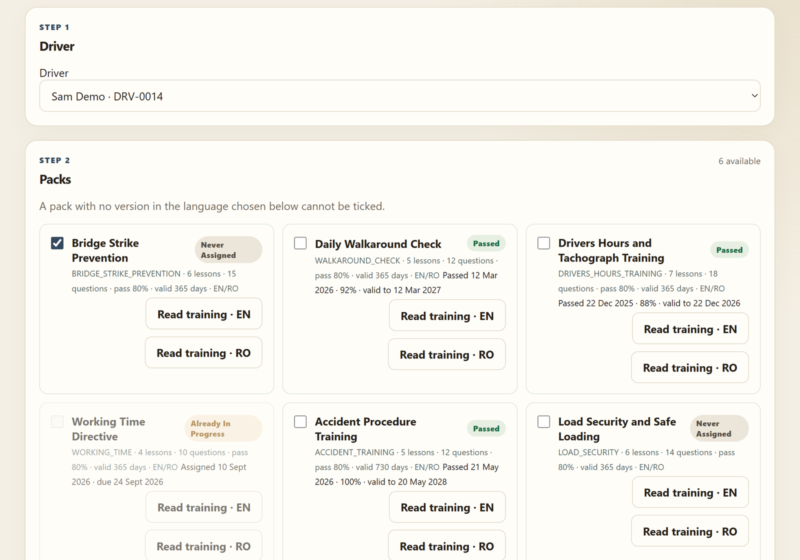 Assign training in the office portal: a driver chosen, each module passed, in progress or never given